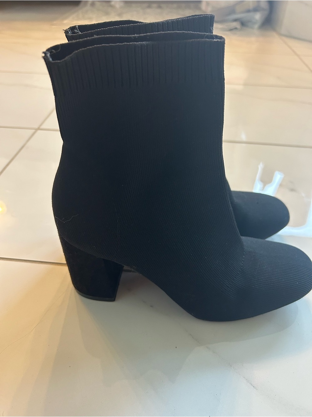 Size 8
Black Ribbed Knit Sock Booties Block Heel